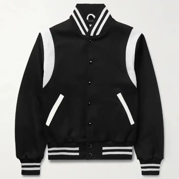 Hayes Black Wool Varsity Jacket with White Leather Detail