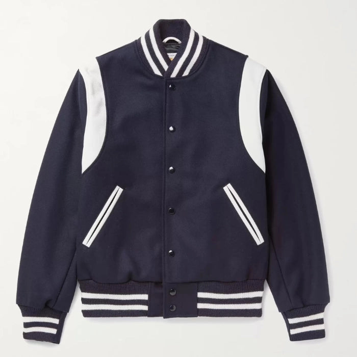 Hayes Navy Wool Varsity Jacket with White Leather Detail