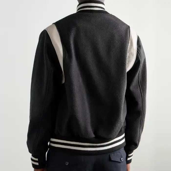 Hayes Matte Black Wool Varsity Jacket with Beige Leather Detail