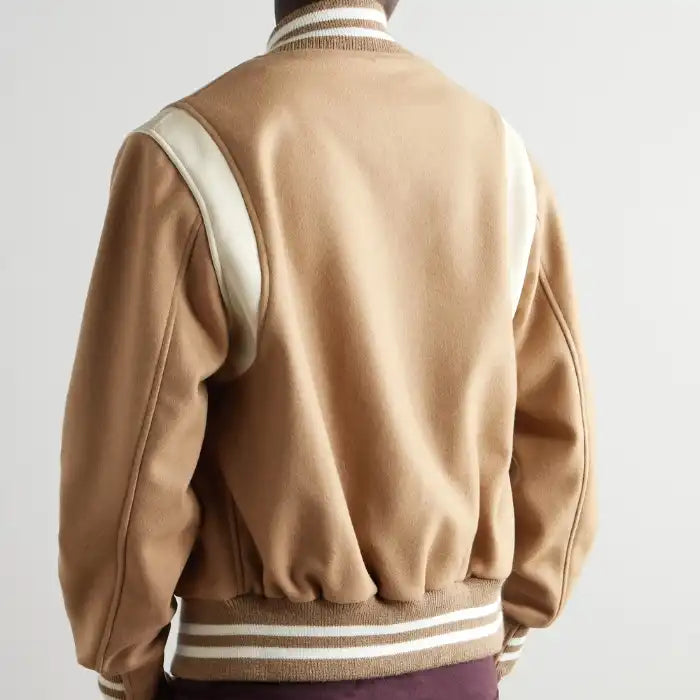 Hayes Camel Wool Varsity Jacket with Beige Leather Detail