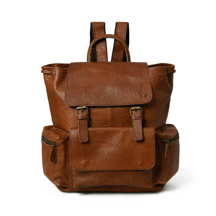 A brown leather backpack featuring a honeycomb pattern, with multiple pockets and secure buckles.