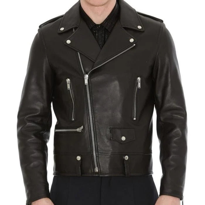 Iconic Black Leather Biker Jacket High-Fashion Appeal