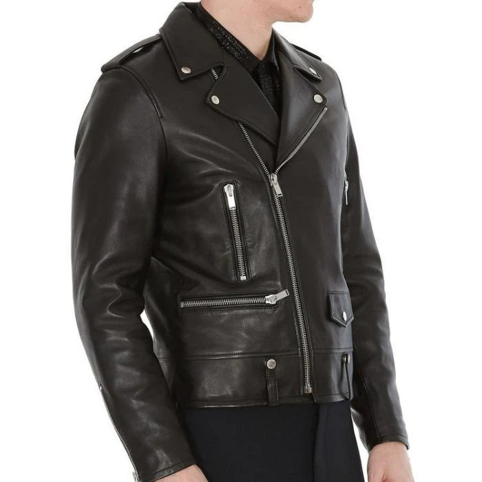 Iconic Black Leather Biker Jacket High-Fashion Appeal