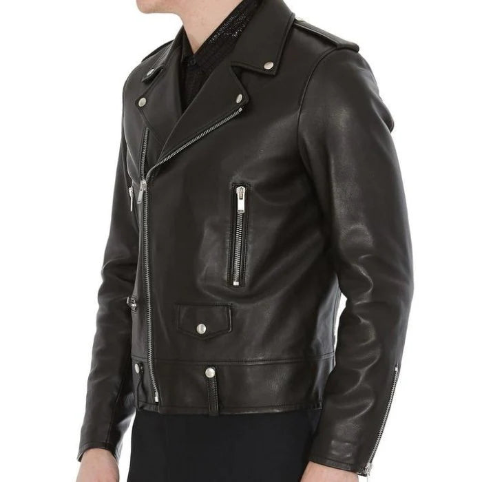 Black biker leather jacket with silver zippers on a white background