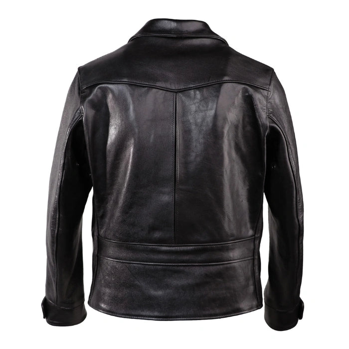 Back view of Black moto leather jacket for men