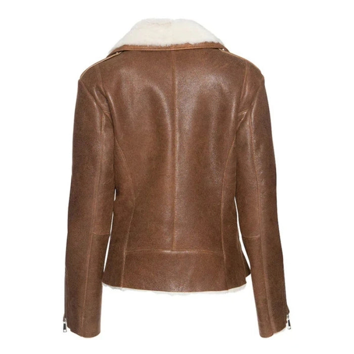 Inkoryn Brown Shearling Straight Moto Leather Jacket