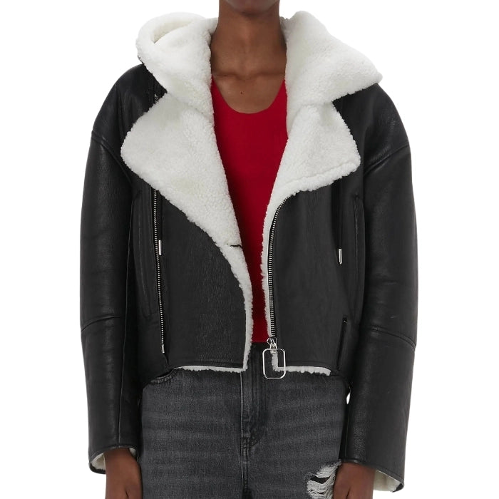 Ivenza Hooded Fur Shearling Leather Biker Jacket