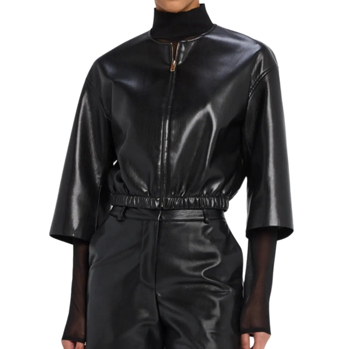 Ivorix Cropped Leather Bomber Jacket