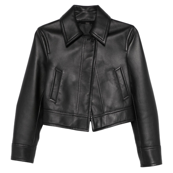 Kynsa Black Slim-Cut Cropped Leather Jacket