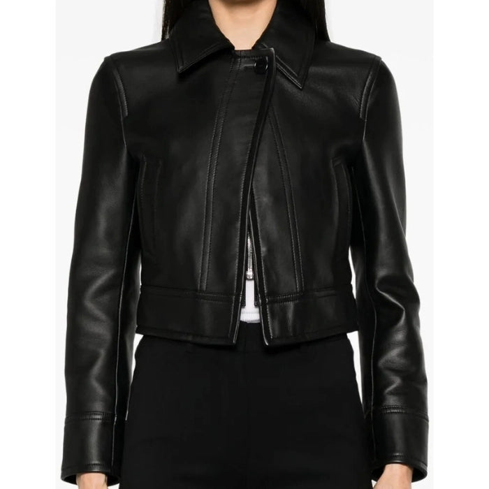 Kynsa Black Slim-Cut Cropped Leather Jacket