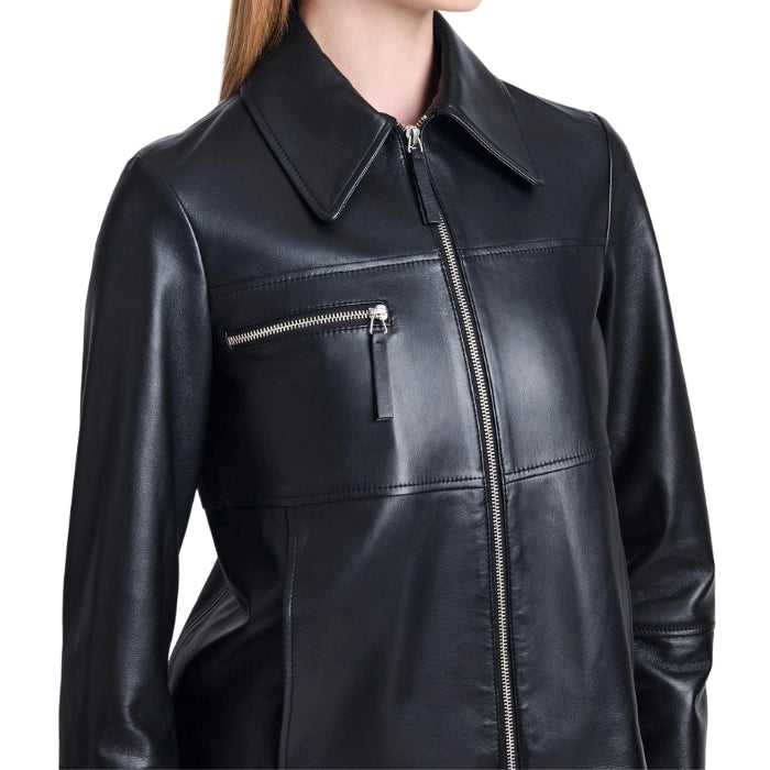 Black leather jacket with zippers on a white background