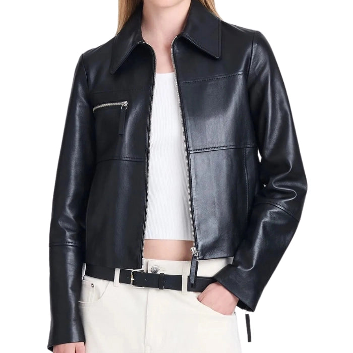 Black leather jacket worn by a person on a white background