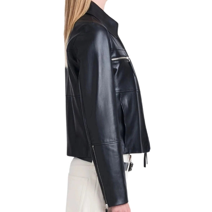 Side view of Black leather jacket worn by a model