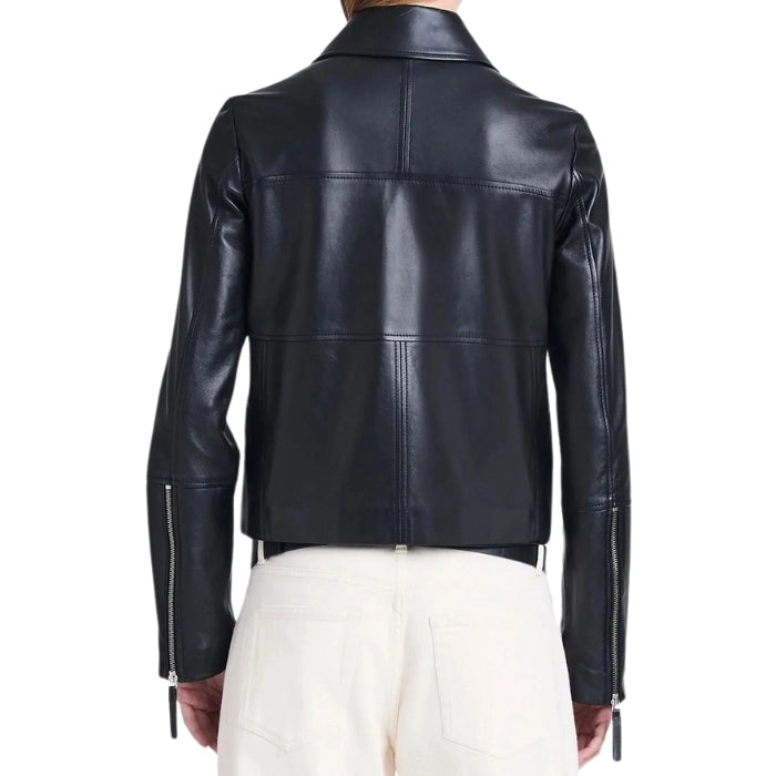 Back view of Black leather jacket for women worn by a model