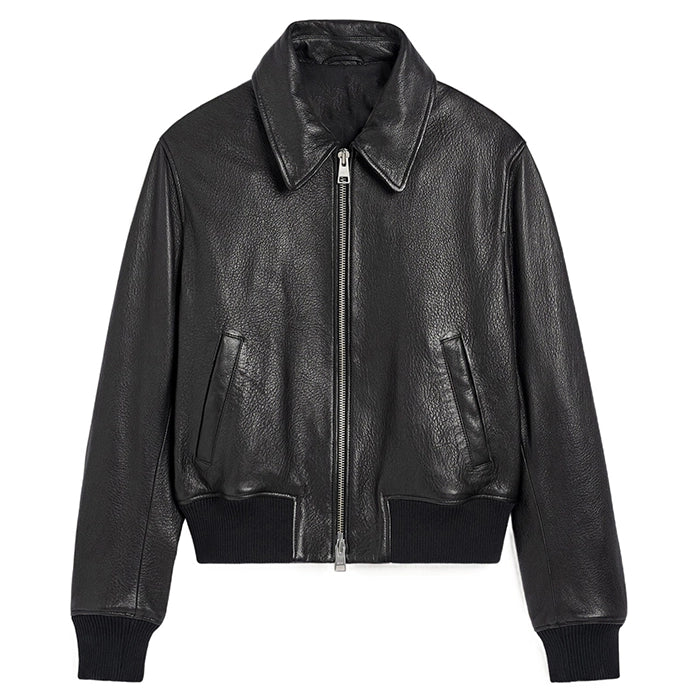 Refined Long-Sleeved Black Leather Bomber Jacket