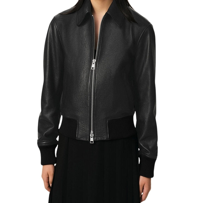 Refined Long-Sleeved Black Leather Bomber Jacket