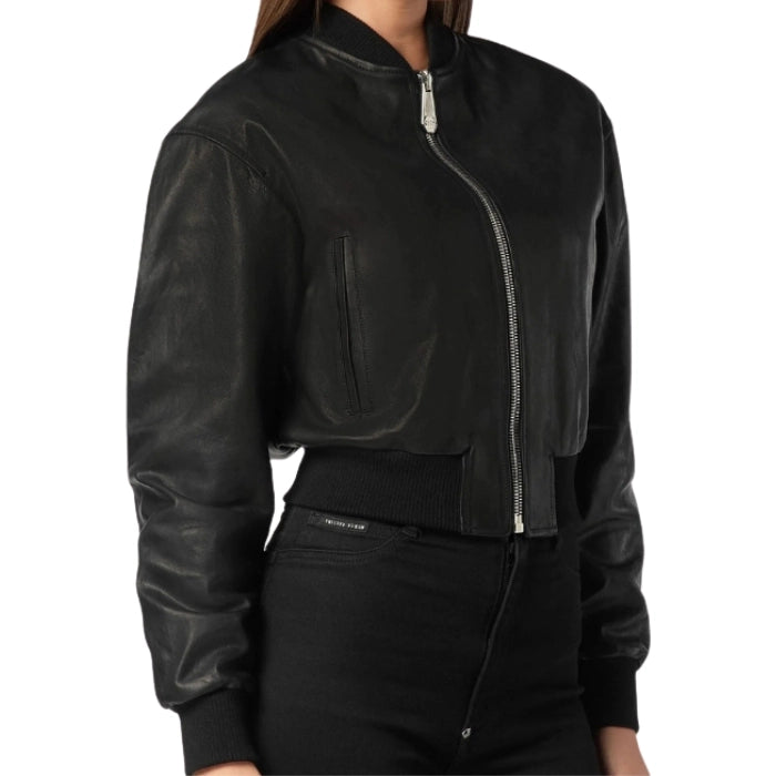 Lorix Cropped Leather Bomber Jacket