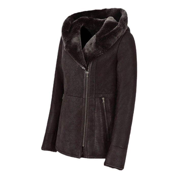 Luxella Women’s Hood Shearling Fur Collar Jacket - Dark Brown