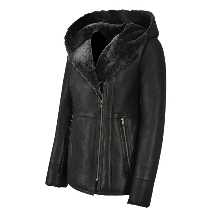 Luxella Women’s Hood Shearling Fur Collar Jacket - Black