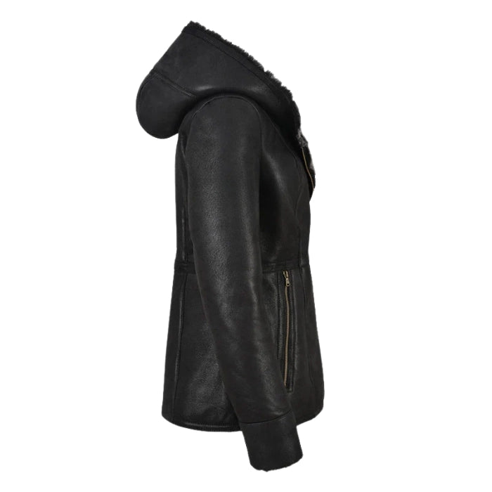 Luxella Women’s Hood Shearling Fur Collar Jacket - Black