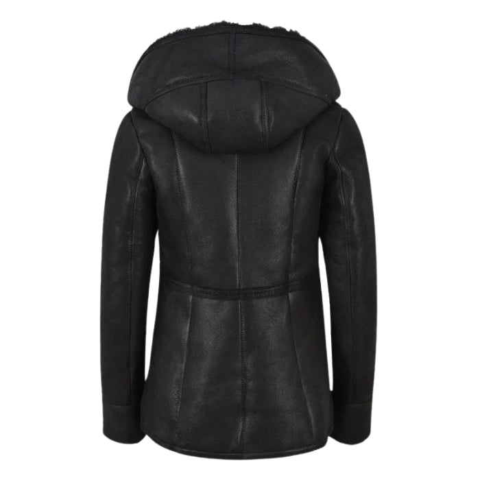 Luxella Women’s Hood Shearling Fur Collar Jacket - Black