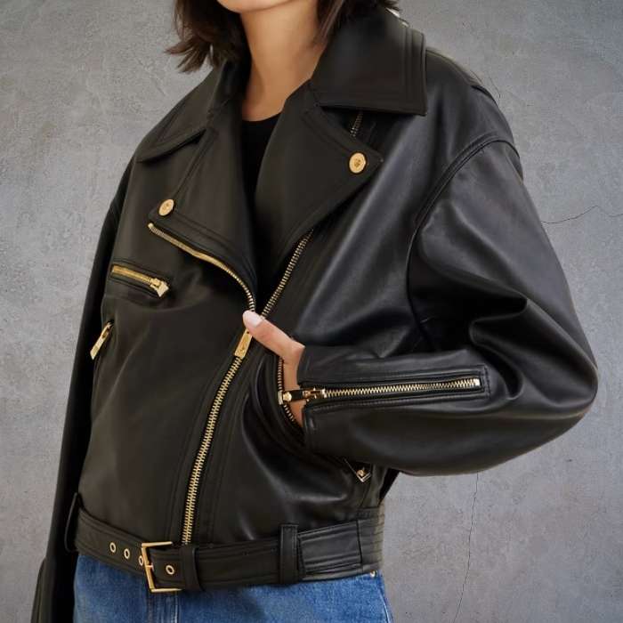 Luxury-Inspired Women's Belted Biker Jacket