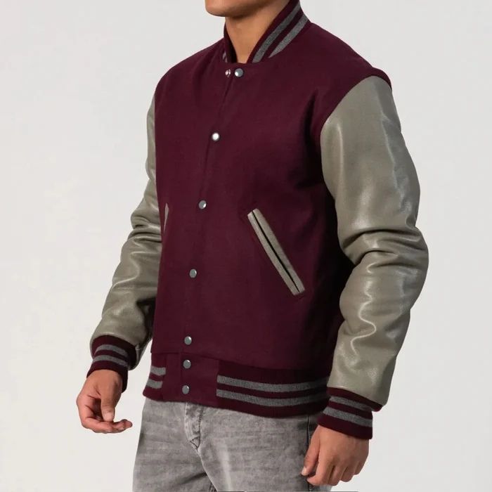 Maroon Body & Grey Leather Sleeves Varsity Jacket