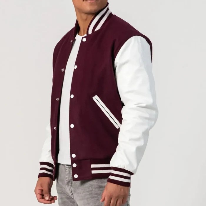 Maroon Wool Body & Bright White Leather Sleeves Varsity Jacket
