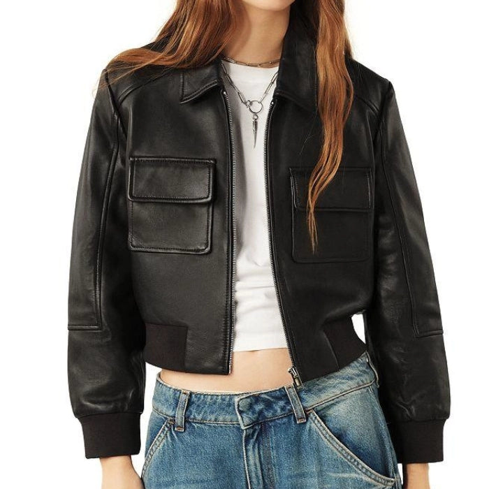 Mavex Cropped Leather Bomber Jacket