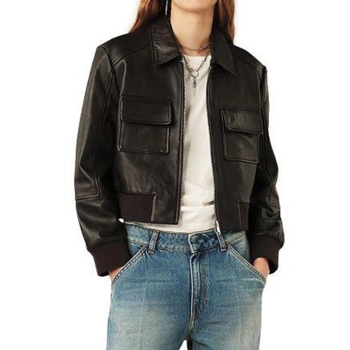 Mavex Cropped Leather Bomber Jacket