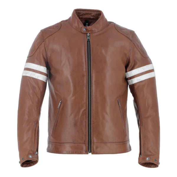 Men's brown motorcycle leather jacket with white stripes on the sleeves and a collar, featuring a front zipper and snap-button cuffs.