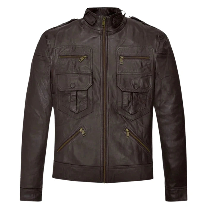 Phantom Men’s Brown Leather Moto Jacket with Multiple Pockets