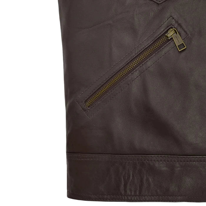 Phantom Men’s Brown Leather Moto Jacket with Multiple Pockets