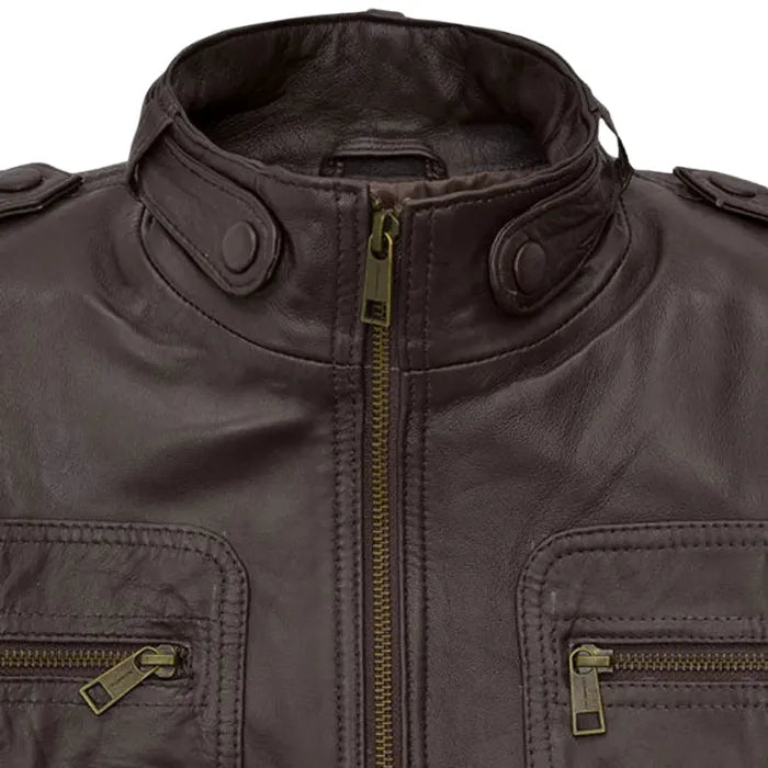 Phantom Men’s Brown Leather Moto Jacket with Multiple Pockets