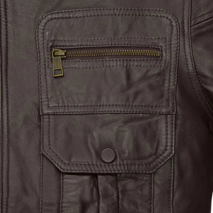 Phantom Men’s Brown Leather Moto Jacket with Multiple Pockets