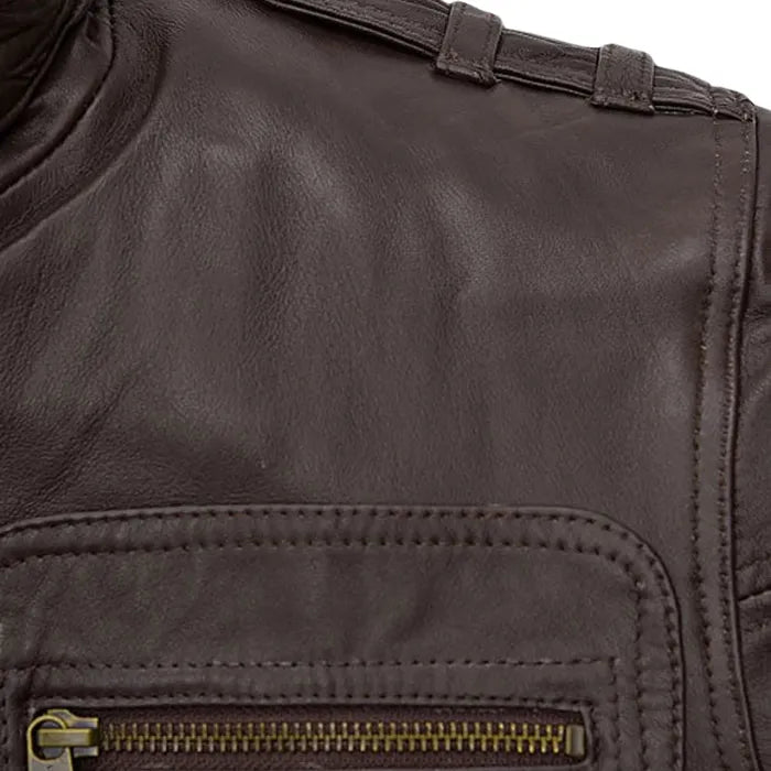 Phantom Men’s Brown Leather Moto Jacket with Multiple Pockets