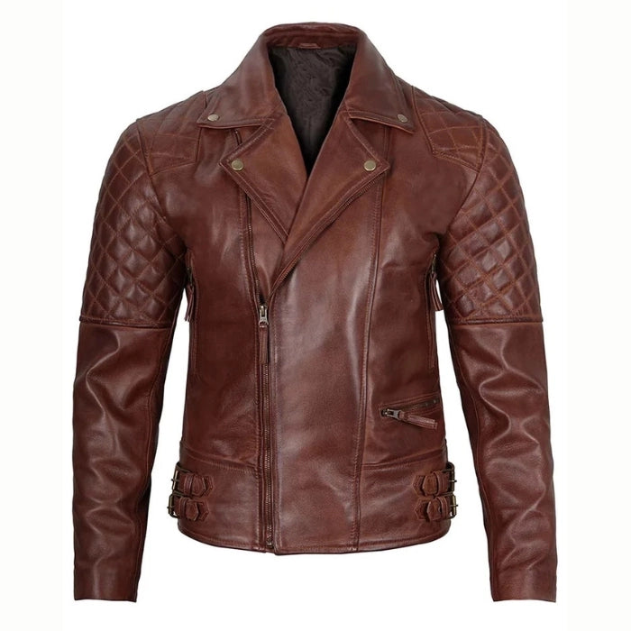 Men's Quilted Asymmetrical Dark Brown Biker Leather Jacket
