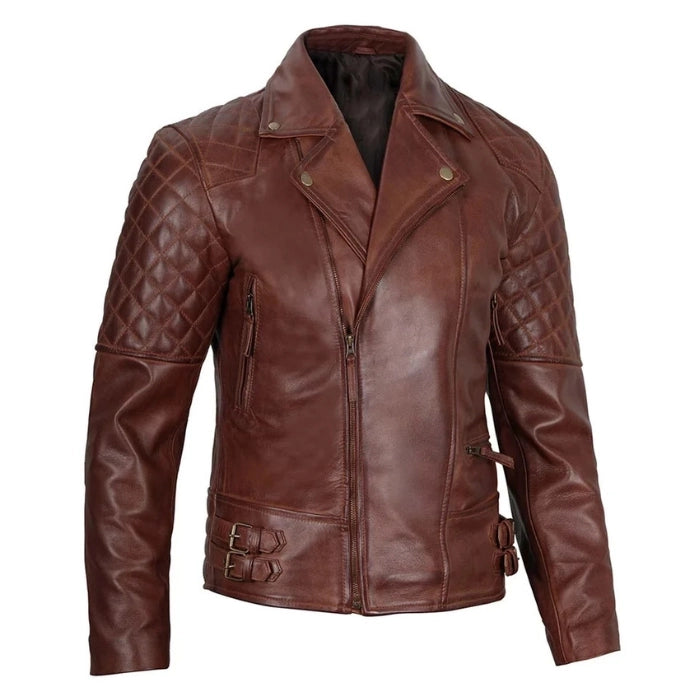 Men's Quilted Asymmetrical Dark Brown Biker Leather Jacket