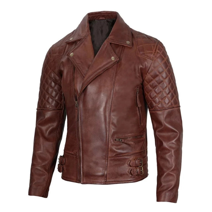 Men's Quilted Asymmetrical Dark Brown Biker Leather Jacket