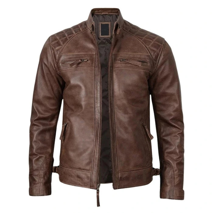Quilted Shoulder Coffee Brown Biker Leather Jacket