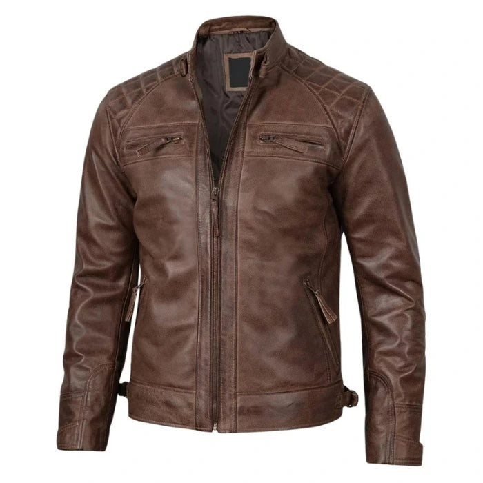 Quilted Shoulder Coffee Brown Biker Leather Jacket
