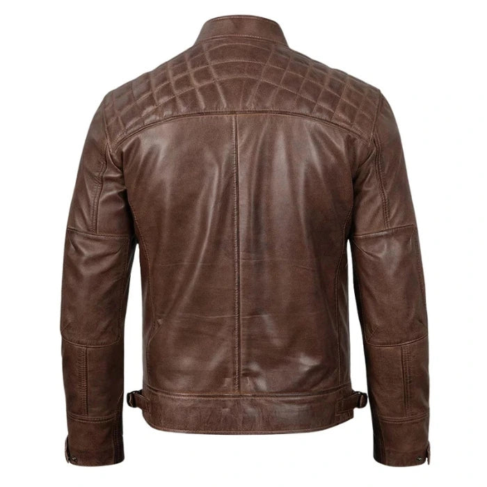 Quilted Shoulder Coffee Brown Biker Leather Jacket