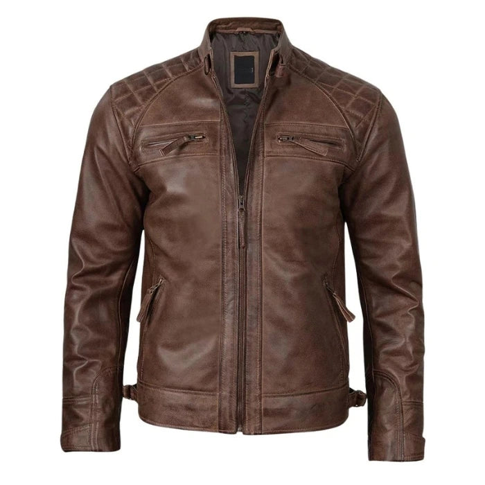 Quilted Shoulder Coffee Brown Biker Leather Jacket