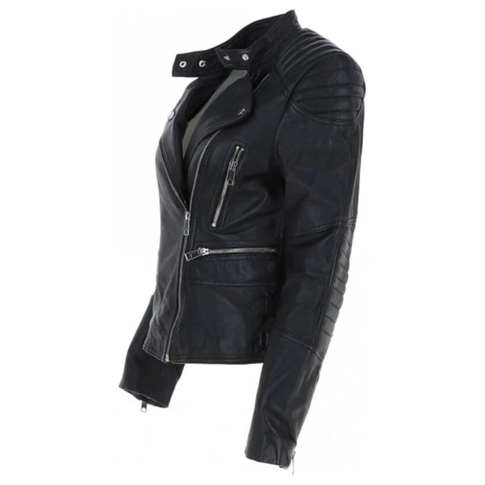 Women's Quilted Shoulder Leather Biker Jacket