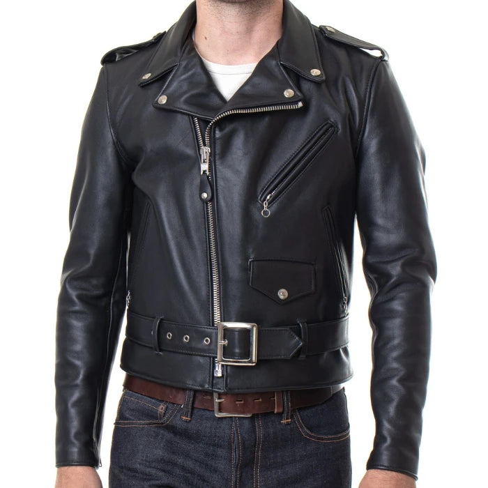 Men's Rebel-Style Belted Leather Biker Jacket