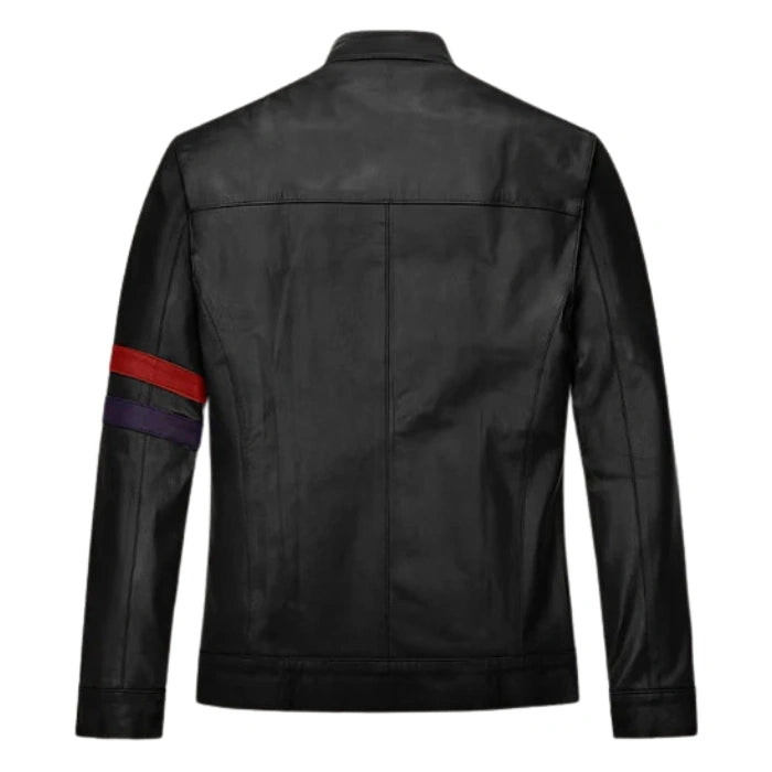 Red Stripes Black Moto Leather Jacket