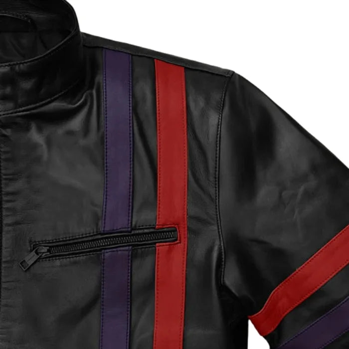 Red Stripes Black Moto Leather Jacket
