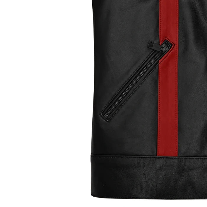 Red Stripes Black Moto Leather Jacket