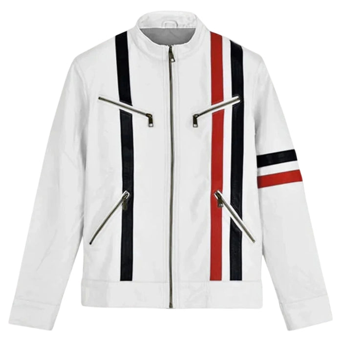Red Stripes White Moto Leather Jacket