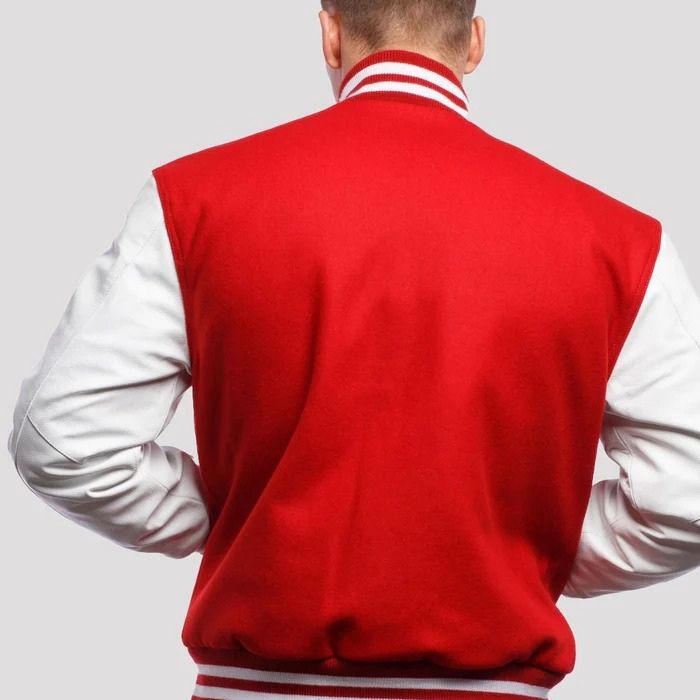 Red Wool Varsity Jacket with White Leather Sleeves
